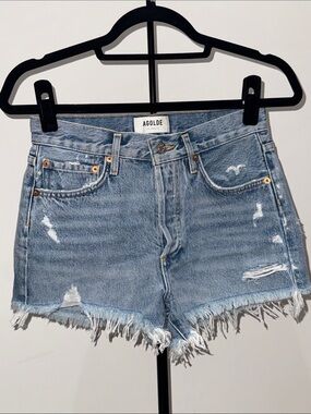 Agolde Light Blue Frayed Hem Denim Shorts